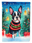 Boston Terrier Christmas Garden Flag – Cozy Dog Holiday Decor with Tree & Presents