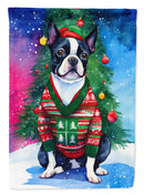 Boston Terrier Christmas Garden Flag – Cozy Dog Holiday Decor with Tree & Presents