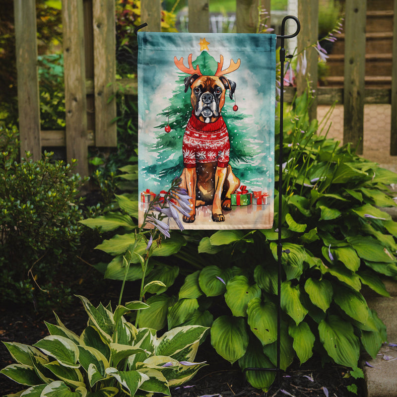 Boxer Christmas Garden Flag – Cozy Dog Holiday Decor with Tree & Presents