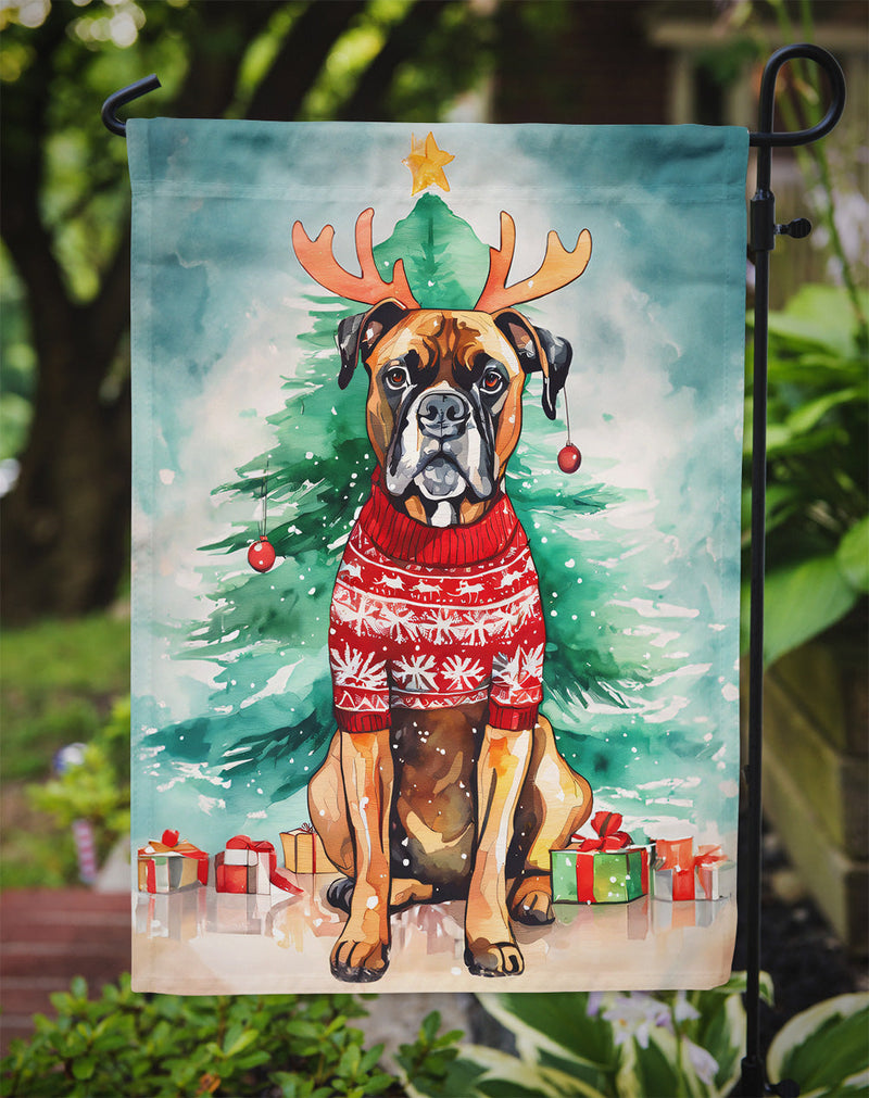 Boxer Christmas Garden Flag – Cozy Dog Holiday Decor with Tree & Presents