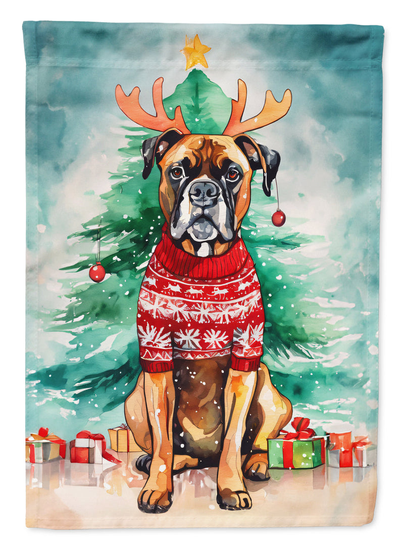 Boxer Christmas Garden Flag – Cozy Dog Holiday Decor with Tree & Presents