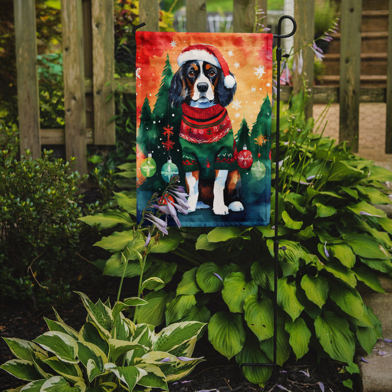 Cavalier Spaniel Christmas Garden Flag – Cozy Dog Holiday Decor with Tree & Presents