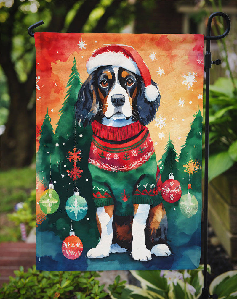 Cavalier Spaniel Christmas Garden Flag – Cozy Dog Holiday Decor with Tree & Presents