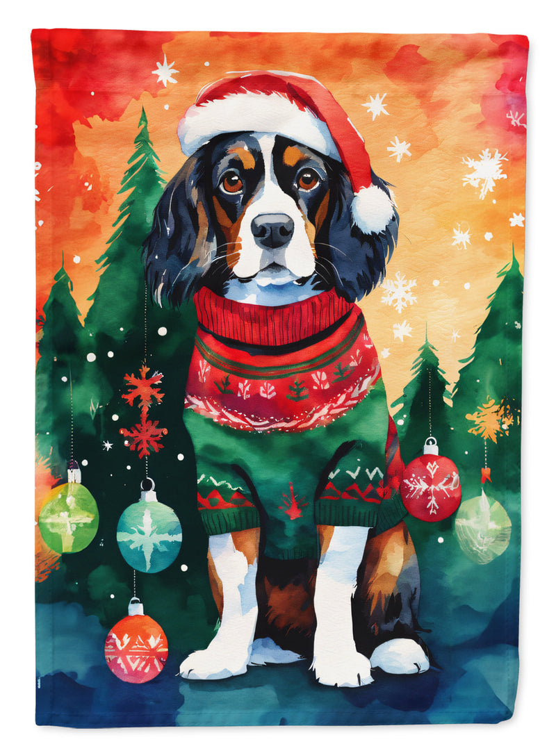 Cavalier Spaniel Christmas Garden Flag – Cozy Dog Holiday Decor with Tree & Presents