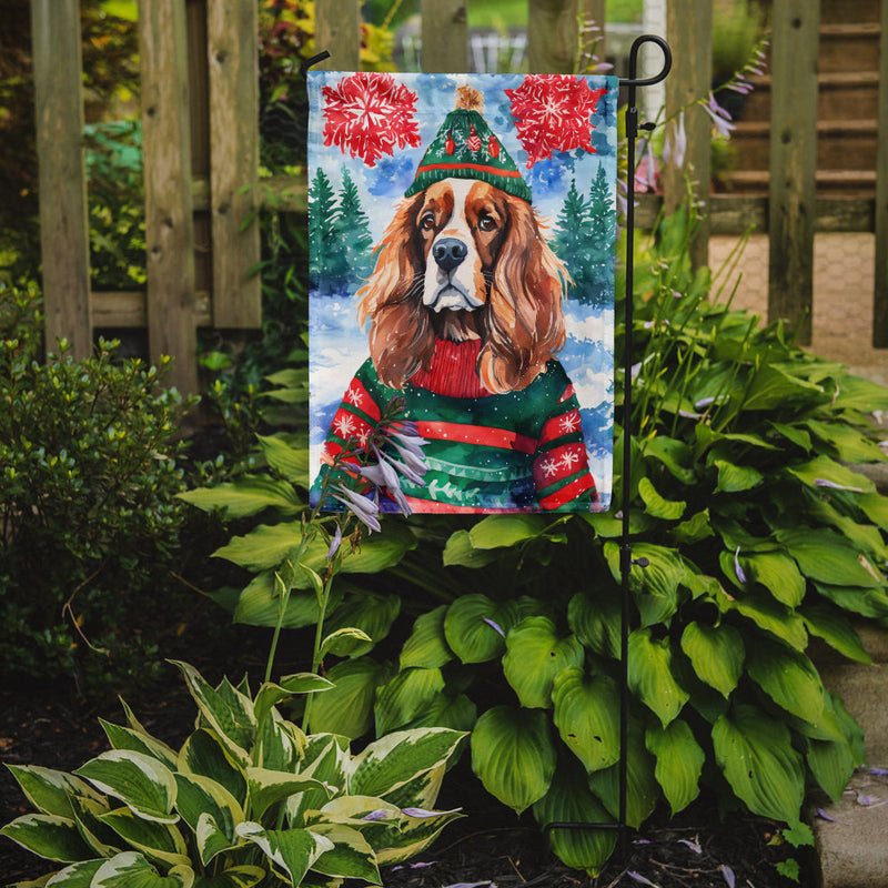 Cavalier Spaniel Christmas Garden Flag – Cozy Dog Holiday Decor with Tree & Presents