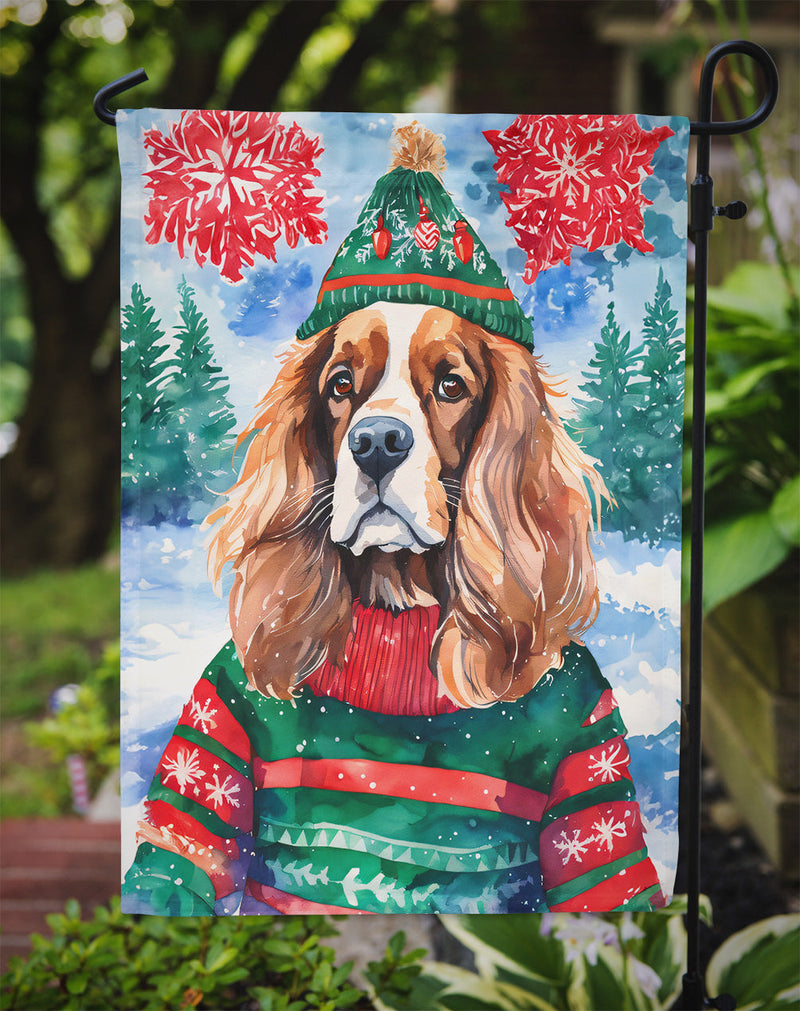 Cavalier Spaniel Christmas Garden Flag – Cozy Dog Holiday Decor with Tree & Presents