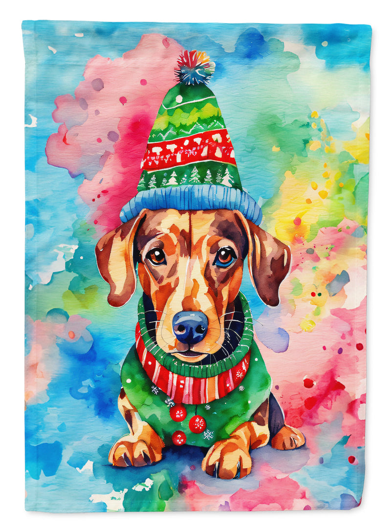 Dachshund Christmas Garden Flag – Cozy Dog Holiday Decor with Tree & Presents