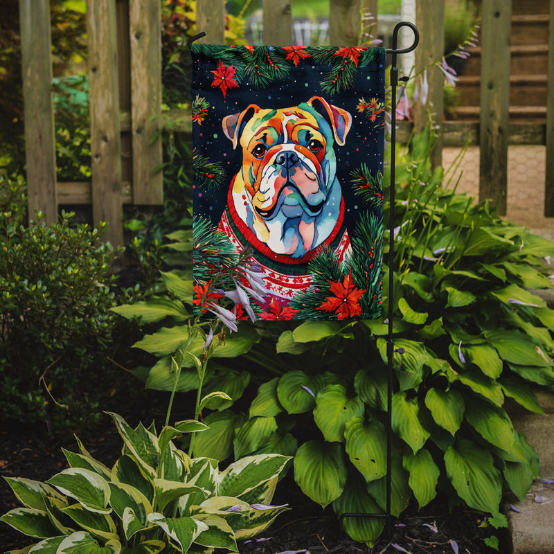English Bulldog Christmas Garden Flag – Cozy Dog Holiday Decor with Tree & Presents