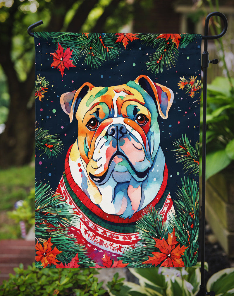 English Bulldog Christmas Garden Flag – Cozy Dog Holiday Decor with Tree & Presents