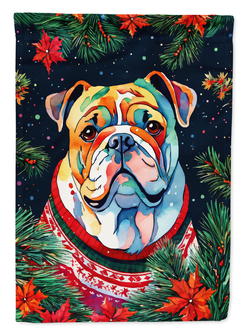English Bulldog Christmas Garden Flag – Cozy Dog Holiday Decor with Tree & Presents