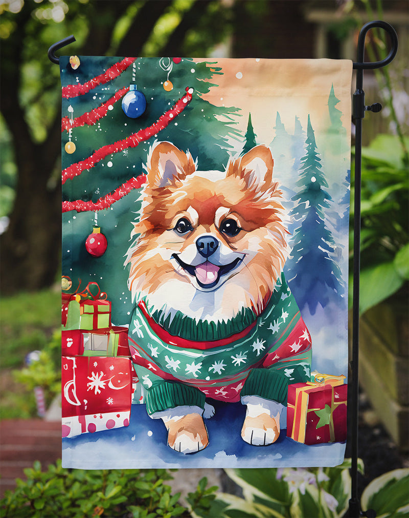 Pomeranian Christmas Garden Flag – Cozy Dog Holiday Decor with Tree & Presents