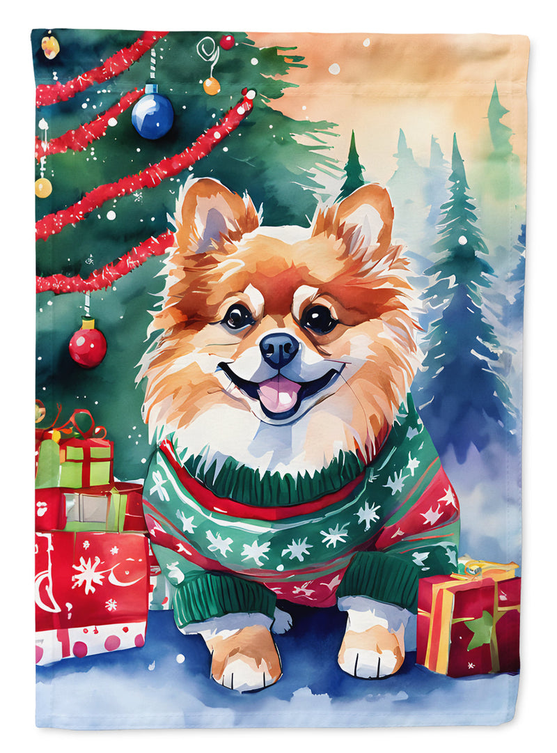 Pomeranian Christmas Garden Flag – Cozy Dog Holiday Decor with Tree & Presents