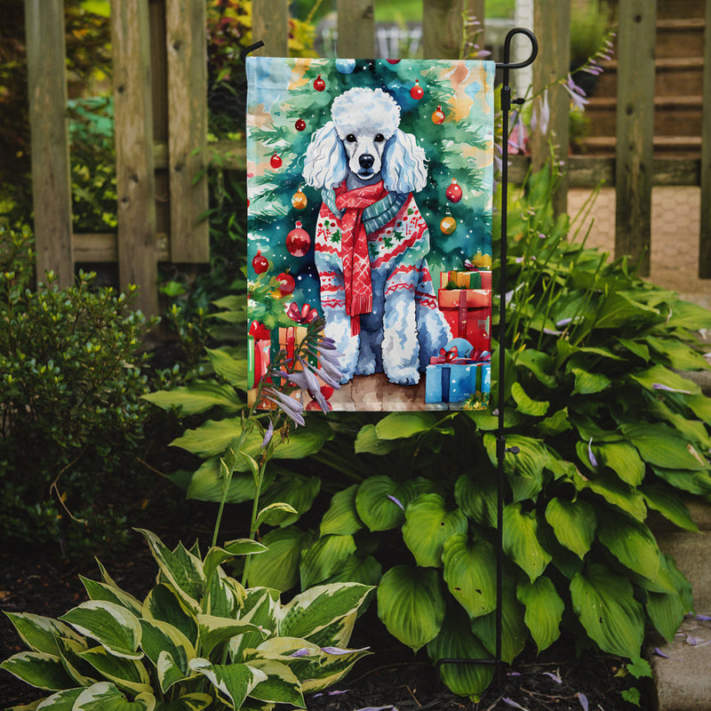 Poodle Christmas Garden Flag – Cozy Dog Holiday Decor with Tree & Presents