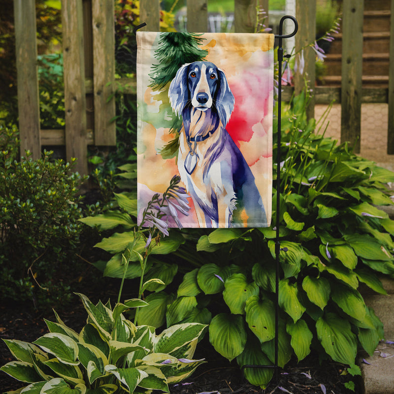 Saluki Christmas Garden Flag – Cozy Dog Holiday Decor with Tree & Presents