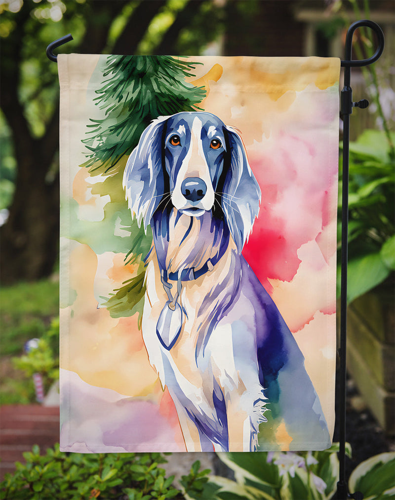 Saluki Christmas Garden Flag – Cozy Dog Holiday Decor with Tree & Presents