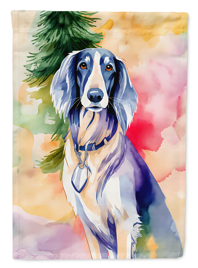 Saluki Christmas Garden Flag – Cozy Dog Holiday Decor with Tree & Presents