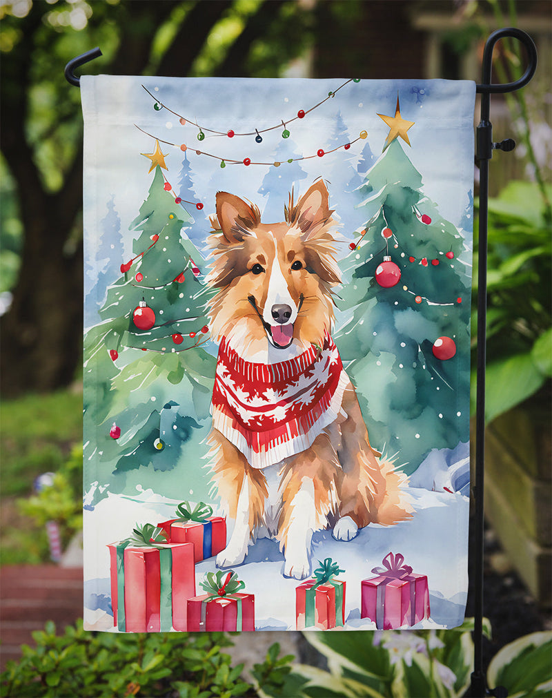 Sheltie Christmas Garden Flag – Cozy Dog Holiday Decor with Tree & Presents