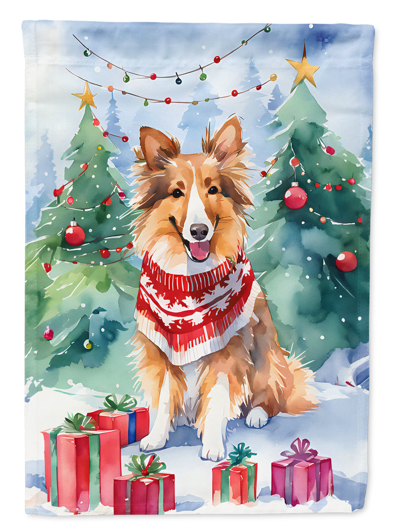 Sheltie Christmas Garden Flag – Cozy Dog Holiday Decor with Tree & Presents