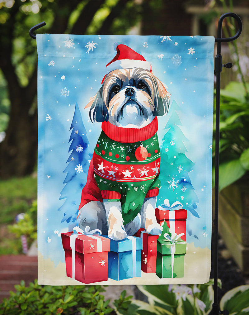 Shih Tzu Christmas Garden Flag – Cozy Dog Holiday Decor with Tree & Presents