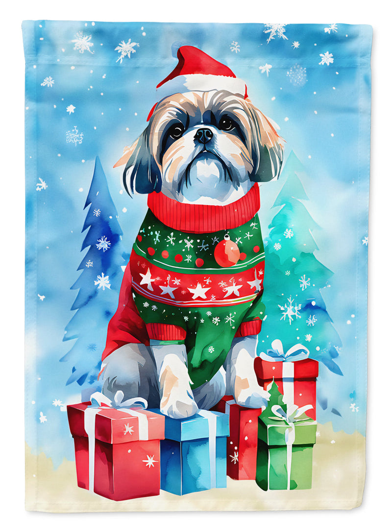 Shih Tzu Christmas Garden Flag – Cozy Dog Holiday Decor with Tree & Presents