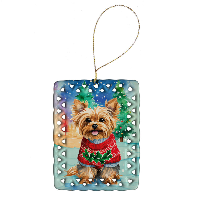 Yorkshire Terrier Yorkie Christmas Porcelain Ornament