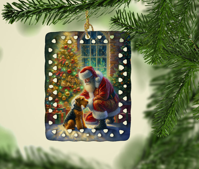 Airedale Terrier and Santa Claus Porcelain Ornament