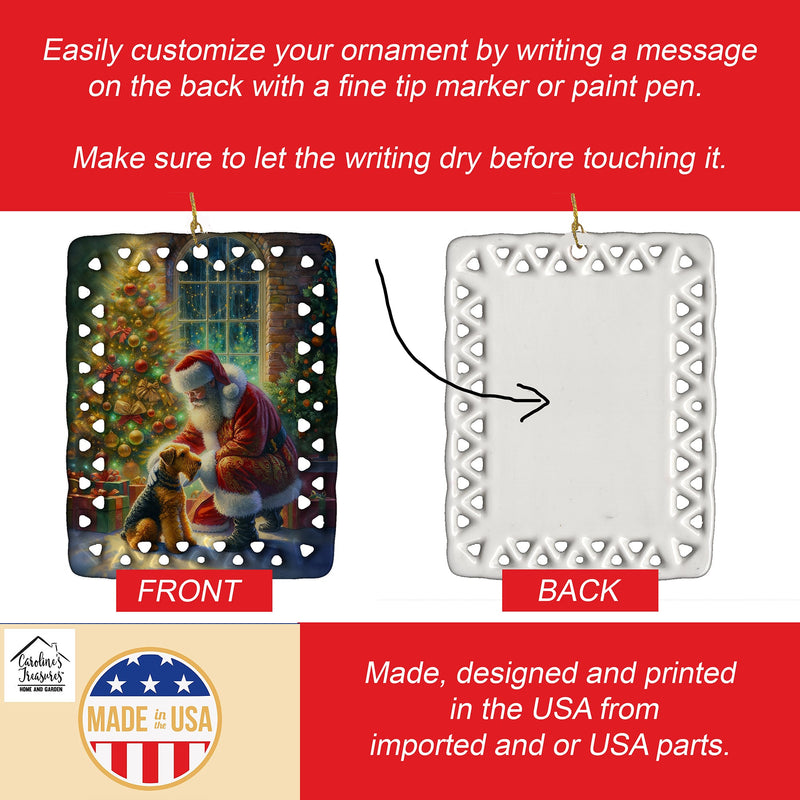 Airedale Terrier and Santa Claus Porcelain Ornament