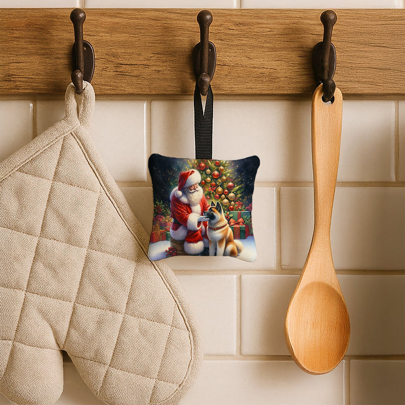 Akita and Santa Claus Hanging Square Fabric Ornament 3.5 × 3.5