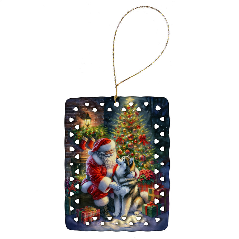 Alaskan Malamute and Santa Claus Porcelain Ornament