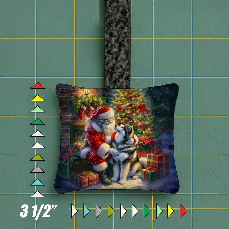 Alaskan Malamute and Santa Claus Hanging Square Fabric Ornament 3.5 × 3.5