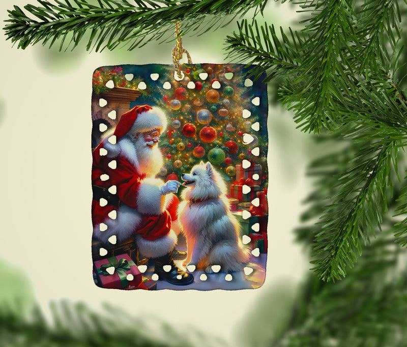 American Eskimo and Santa Claus Porcelain Ornament
