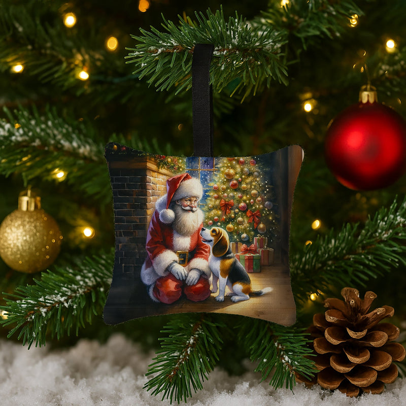 Beagle and Santa Claus Hanging Square Fabric Ornament 3.5 × 3.5