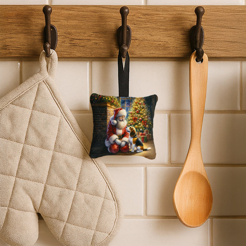 Beagle and Santa Claus Hanging Square Fabric Ornament 3.5 × 3.5