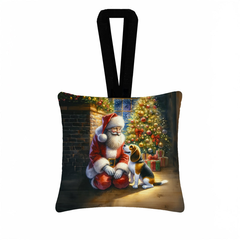 Beagle and Santa Claus Hanging Square Fabric Ornament 3.5 × 3.5