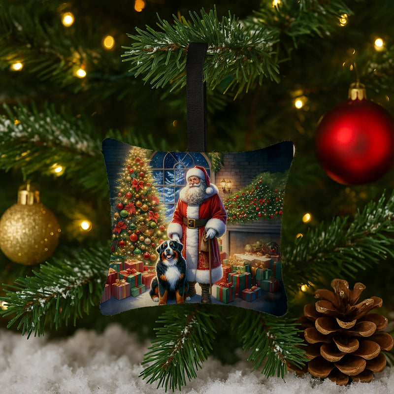 Bernese Mountain Dog and Santa Claus Hanging Square Fabric Ornament 3.5 × 3.5