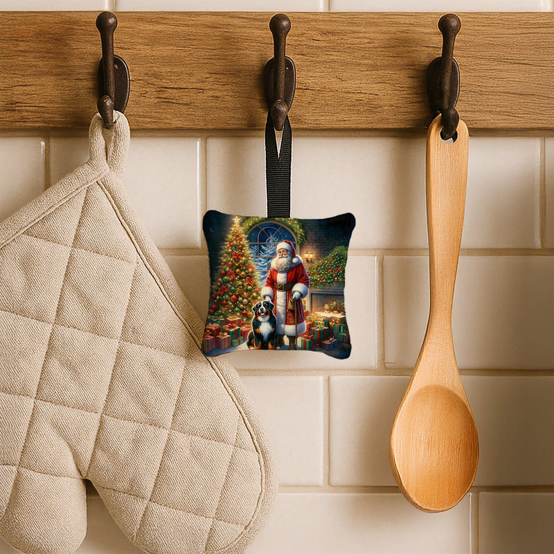 Bernese Mountain Dog and Santa Claus Hanging Square Fabric Ornament 3.5 × 3.5