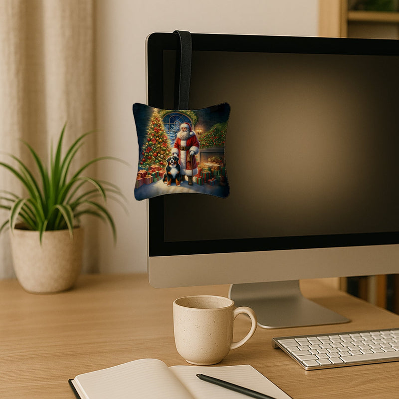 Bernese Mountain Dog and Santa Claus Hanging Square Fabric Ornament 3.5 × 3.5