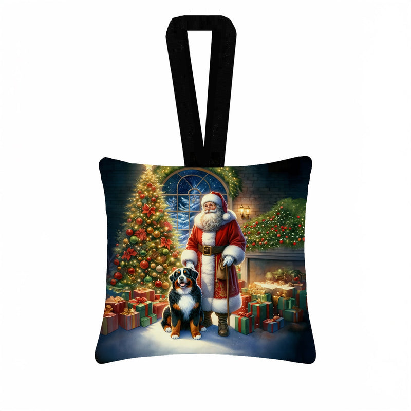 Bernese Mountain Dog and Santa Claus Hanging Square Fabric Ornament 3.5 × 3.5