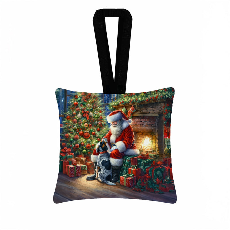 Bluetick Hound and Santa Claus Hanging Square Fabric Ornament 3.5 × 3.5