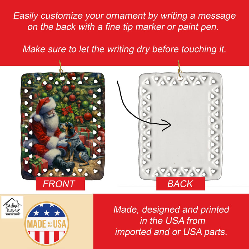 Bluetick Hound and Santa Claus Porcelain Ornament