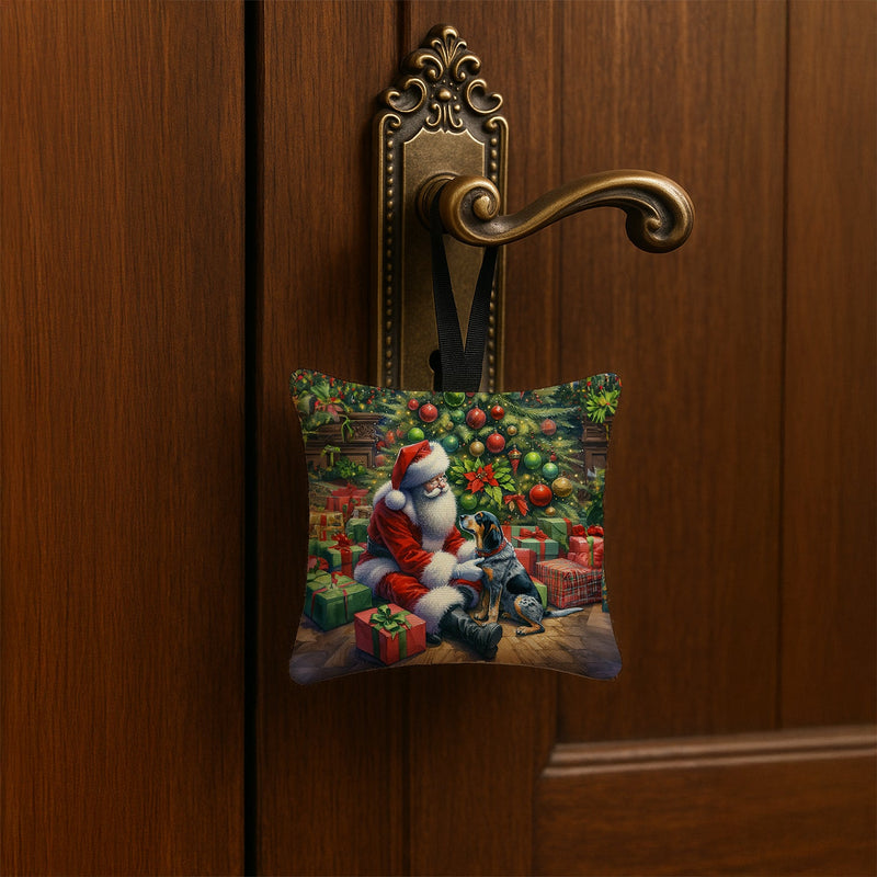 Bluetick Hound and Santa Claus Hanging Square Fabric Ornament 3.5 × 3.5