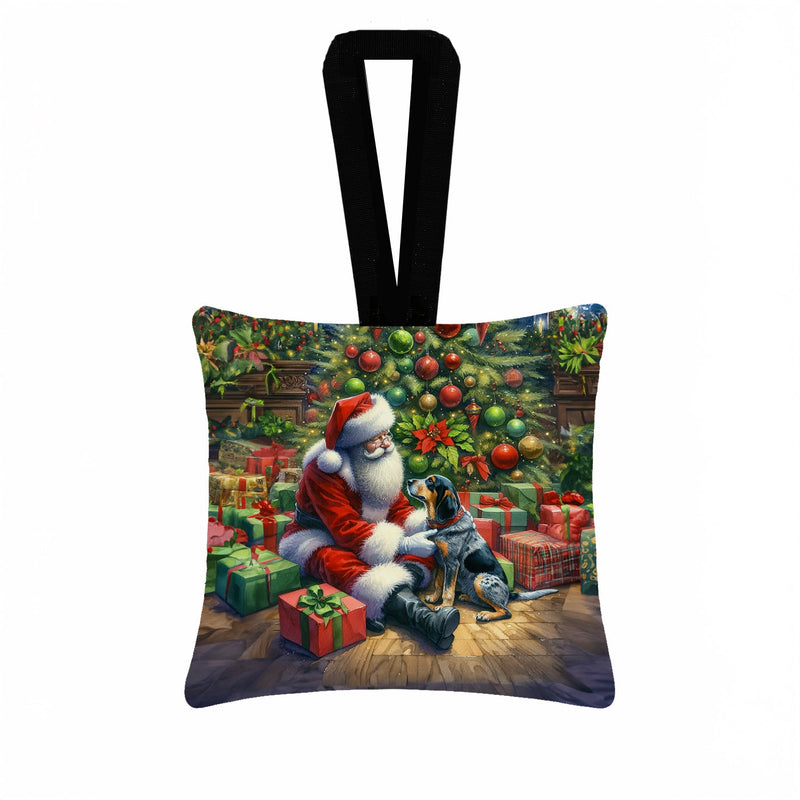 Bluetick Hound and Santa Claus Hanging Square Fabric Ornament 3.5 × 3.5