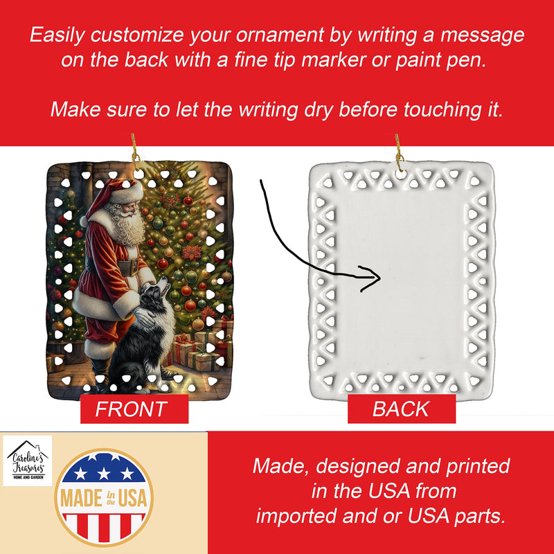 Border Collie and Santa Claus Porcelain Ornament