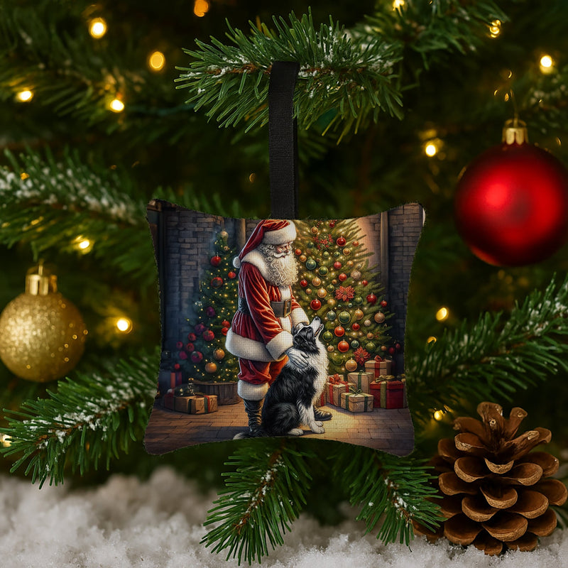 Border Collie and Santa Claus Hanging Square Fabric Ornament 3.5 × 3.5