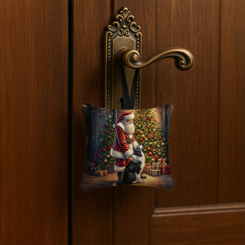 Border Collie and Santa Claus Hanging Square Fabric Ornament 3.5 × 3.5