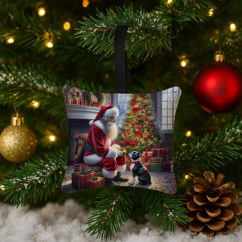 Boston Terrier and Santa Claus Hanging Square Fabric Ornament 3.5 × 3.5