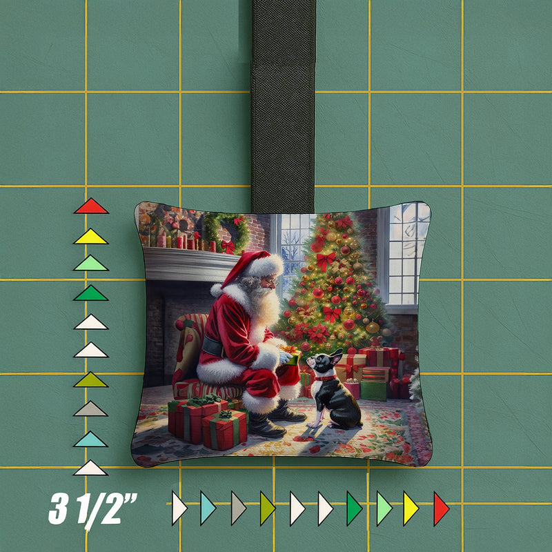 Boston Terrier and Santa Claus Hanging Square Fabric Ornament 3.5 × 3.5