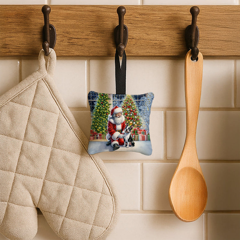 Boston Terrier and Santa Claus Hanging Square Fabric Ornament 3.5 × 3.5