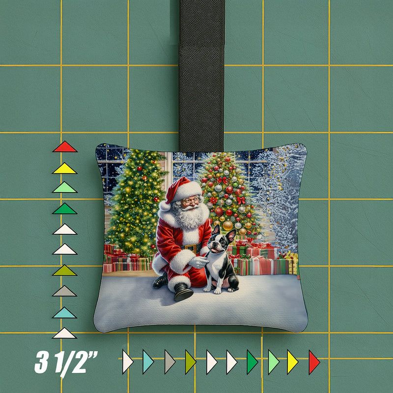Boston Terrier and Santa Claus Hanging Square Fabric Ornament 3.5 × 3.5