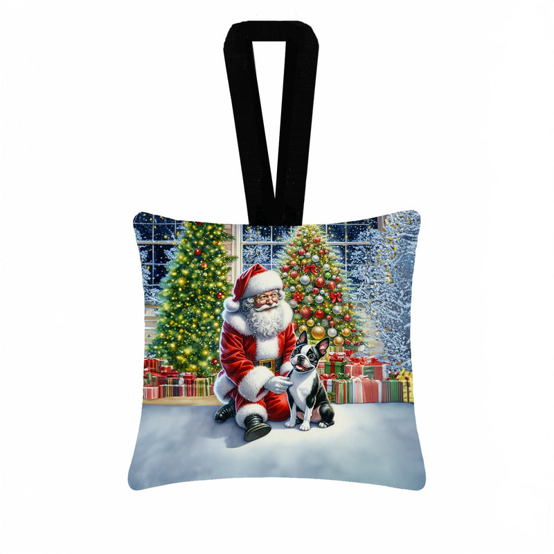 Boston Terrier and Santa Claus Hanging Square Fabric Ornament 3.5 × 3.5